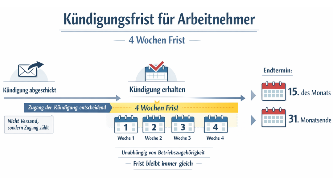 Infografik zur Kündigungsfrist für Arbeitnehmer mit 4 Wochen und Zugang der Kündigung