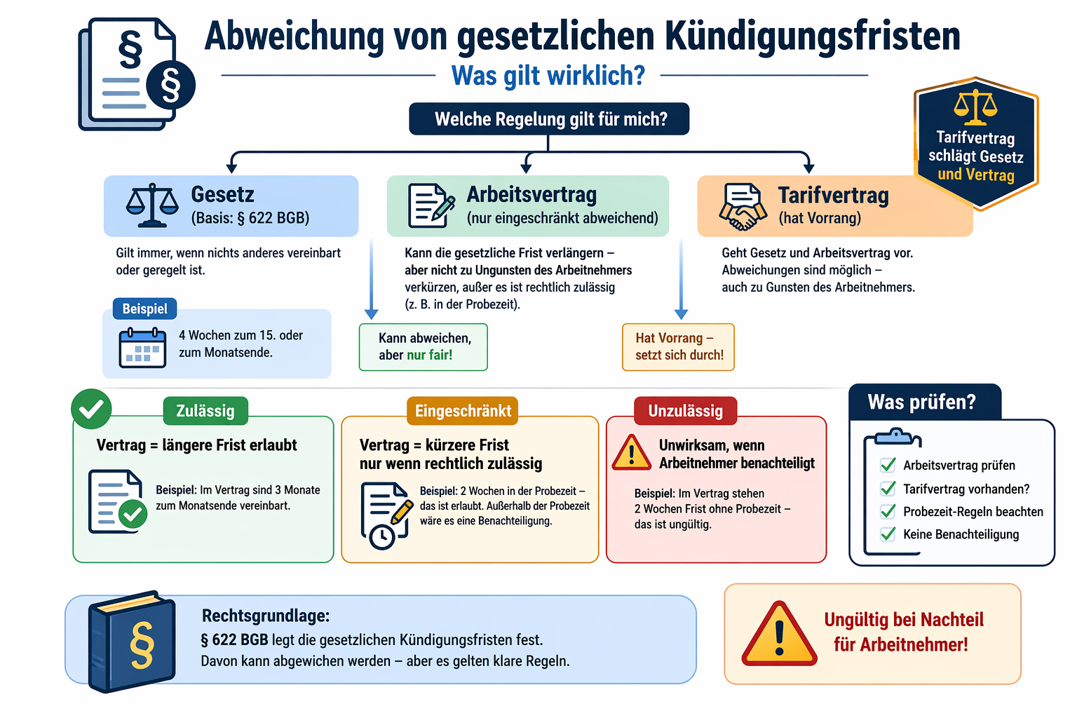 Infografik zu Kündigungsfristen mit Arbeitsvertrag, Tarifvertrag und gesetzlichen Regeln